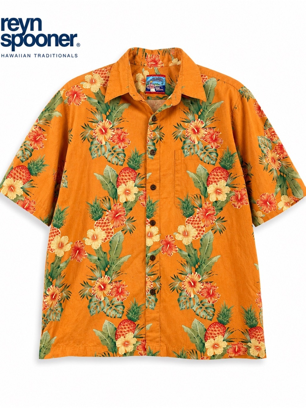Reyn Spooner Spooner Kloth Hawaiian Pineapple Hibiscus Aloha Shirt Mens M Orange